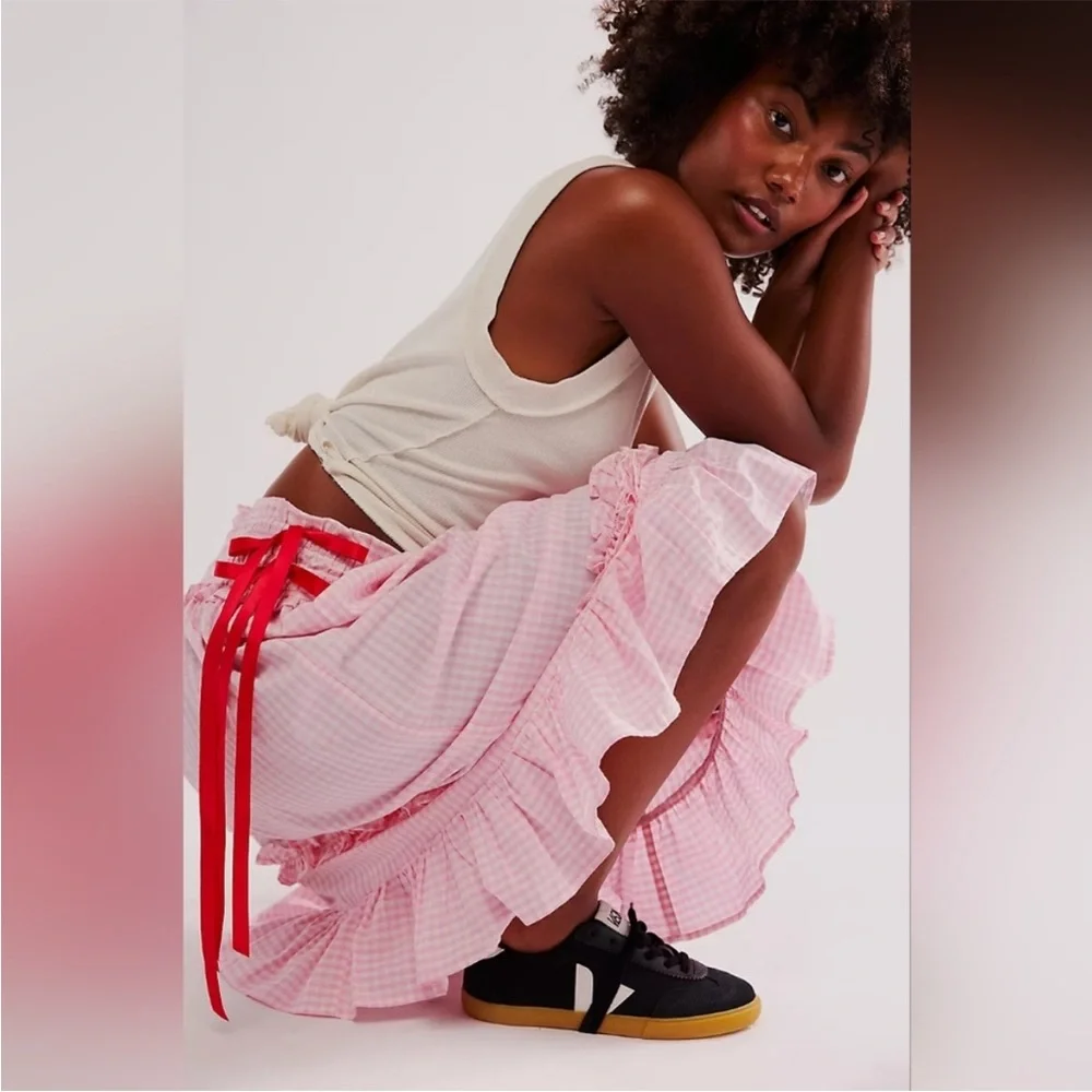 Damson Madder x Free People Pink Gingham Olivia Ruffle Midi Skirt Size 14, US 10 - Picture 3 of 16